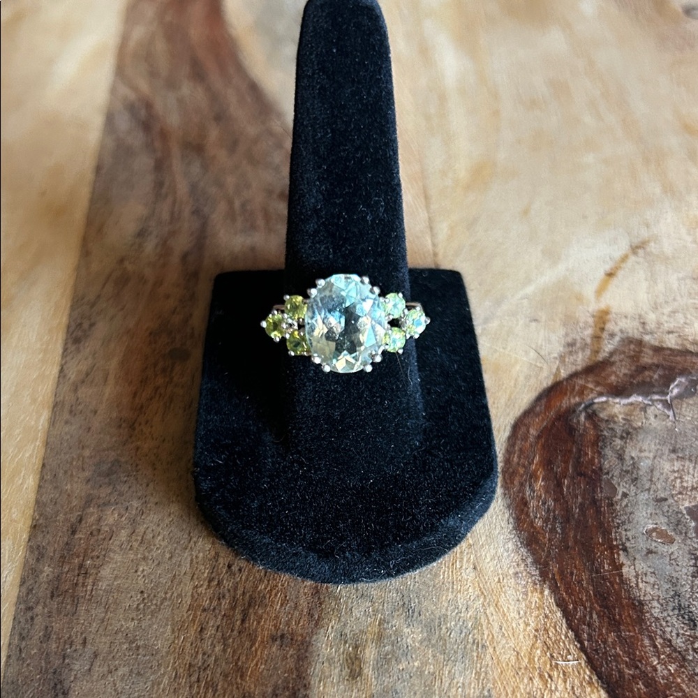 Aquamarine and Peridot Cluster Ring - Sterling Silver